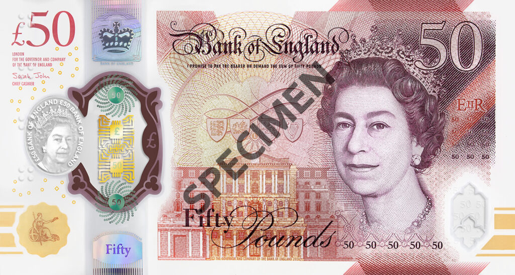 新しい50イギリス ポンド (GBP) 紙幣の流通開始と旧20ポンド紙幣と50 